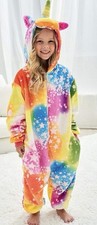 Unisex Unicorn One Piece Kid 9/10 Tye Dye Fuzzy Pajamas Halloween Costume NWT