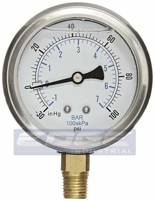 LIQUID FILLED VACUUM GAUGE -30-100 PSI, 2.5'' FACE, 1/4'' NPT LOWER MOUNT WOG