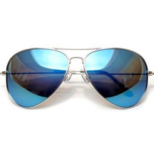 AVIATOR MIRROR COLORED BLUE REFLECTIVE LENS SILVER METAL FRAME SUNGLASSES UV