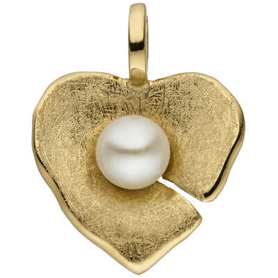 585 Gold Yellow Gold Ice Matte Heart Pendant with Freshwater Pearl Heart Pendant