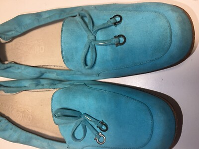 Salvatore Ferragamo Turquoise Blue Suede Loafers with Horse  display picture 2