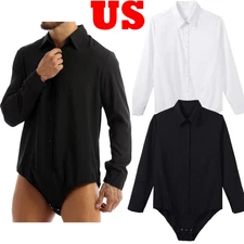 Mens Long Sleeve Bodysuit Press Button Down Shirt Top One Piece Leotard Rompers