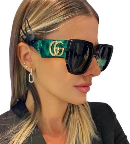Gucci Sunglasses GG0956S 001 Black Gold Green Lens Square Woman