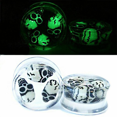PAIR Ear Plugs 3D SKULLS Glow in the Dark Acrylic Ear Gauges Ear Flesh