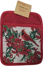 1 Tapestry Jumbo Pot Holder (7"x9") CHRISTMAS CARDINAL BIRD & POINSETTIA, Nidico