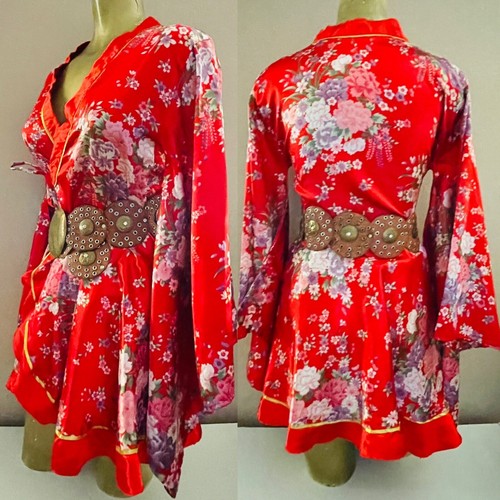 Schicker Vintage 90er rot Satin Blumenmuster KIMONO - Bild 4 von 15