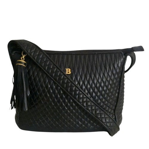 Vintage BALLY Black Quilted Lambskin Leather Shoulder Bag W/Tassel Zipper Pull