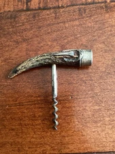 Antique Corkscrew Antler Horn Handle W/Sterling Cap and Horse Shoe & Nail