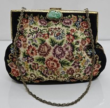 Vintage Floral Tapestry Petit Point Embroidery Bag Purse Snap Jade Clasp Small