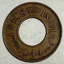 1944 British India 1 Pice Coin - George VI - WWII Holed Bronze - Pretoria Mint