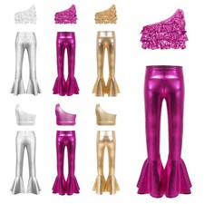 Kids Girls Outfits Jazz Costume Ruffle Hem Set Crop Top Sequins Prom Shiny