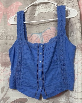 FREE PEOPLE Maggie Blue Lace Tank Top Medium Bohemian Prairie