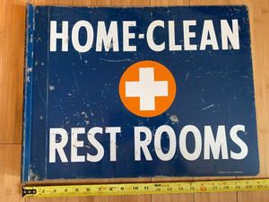 1940s Vintage Home Clean Rest Room 2 Sided Flange Sign Gas Oil Real Deal
