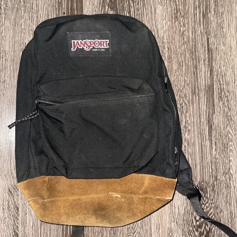 Mochila vintage de lona azul JANSPORT parte inferior de cuero marrón - Hecha en EE. UU. Foto 2 de 4