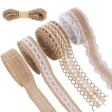 4 Rolls Burlap Ribbon Lace Roll Crafts Ribbon with 32 Feet Twine Rope for