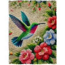 Elegant Hummingbird Flower Latch Hook Craft Kit - Pre-Printed Canvas Design