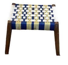 VINTAGE RETRO WOOD AND PLASTIC ROPE TYPE WOVEN TOP FOOTSTOOL