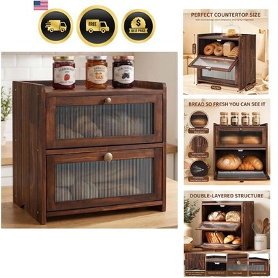 Bread Box for Kitchen Countertop, 2 Layer Wooden Breadbox with Acrylic Window...