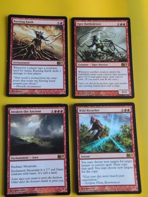 Burning Earth,Awaken the Ancient,ogre Battledriver,wild ricochet MTG 4 Card. M14