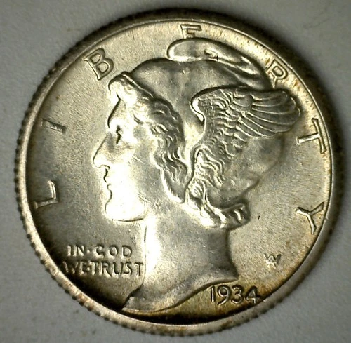 1934 Mercury Silver Dime LIGHTLY TONED Uncirculated 10c US Type Coin