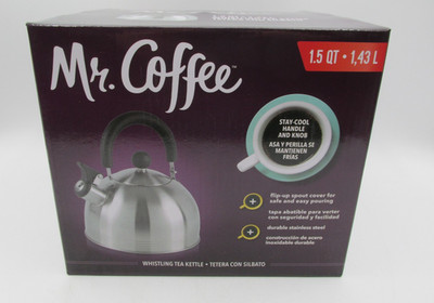MR. COFFEE WHISTLING TEA KETTLE 1.5 QT FLIP UP SPOUT COVER-STAY COOL HANDLE KNOB