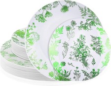 36 Pieces White  Green Floral Disposable Plastic Plates, 10.25" and 7.5" Dinner