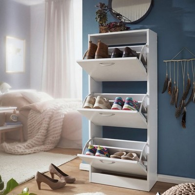 Schuhkipper mit 3 Fächern für 18 Paar Schuhe Schuhkommode Schuhschrank Holz Weiß