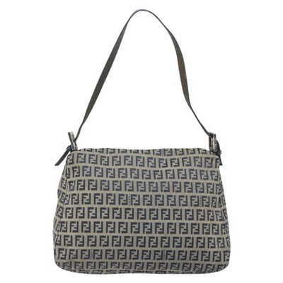 FENDI Zucchino Canvas Mamma Baguette Shoulder Bag Navy Silver Auth