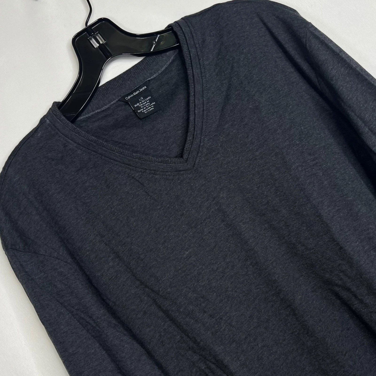 Calvin Klein Charcoal V-Neck Long Sleeve Shirt Men L Cotton Essential Minimalist