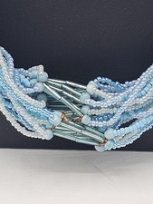 Boho Multi Strand Blue Seed Bead Statement Necklace Silver Tone Lobster Women