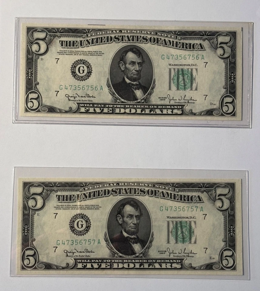 1950 UNC Five Dollar Bill $5 Federal Reserve Note • Lot of 4 CONSECUTIVE serials - Image 4 of 4