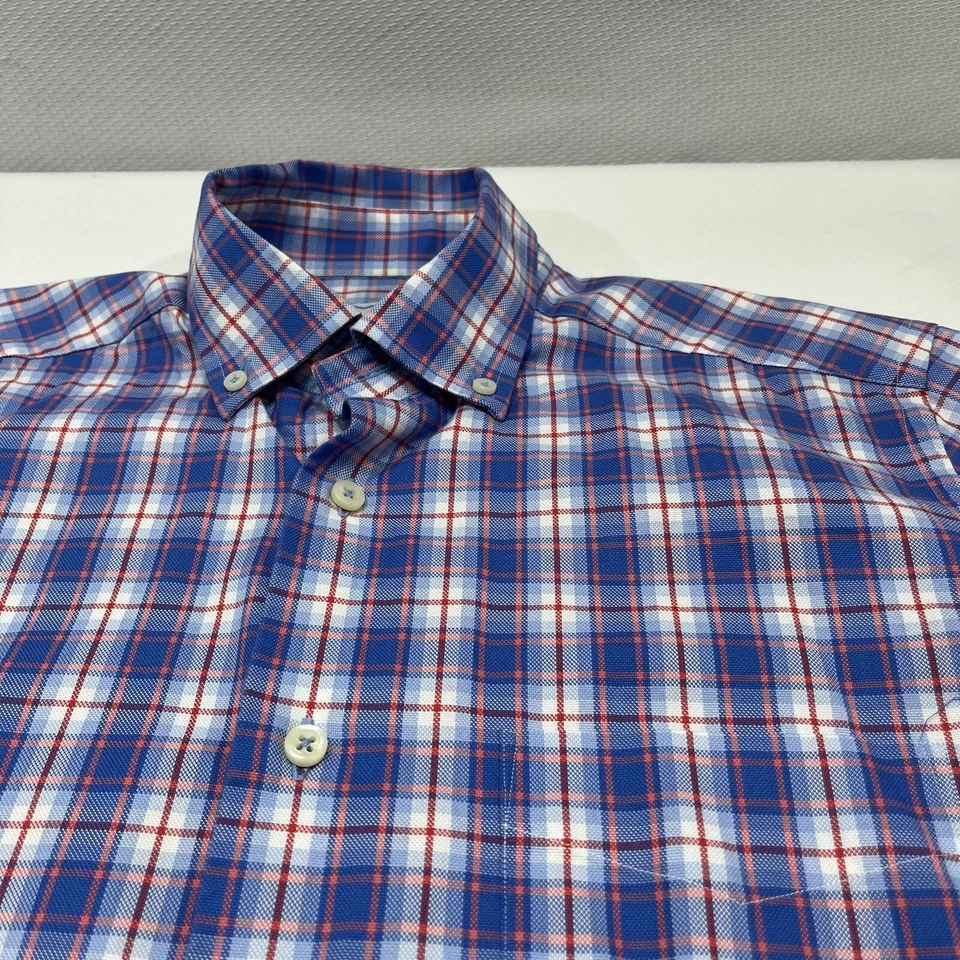 David Donahue Shirt Men M Blue Plaid Checks 100% Cotton Shirt Sleeve Button Up - Image 2 of 4