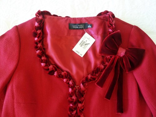NWT Rickie Freeman Teri Jon Wool Wine Velvet+Satin Braid Trim+Bow Jacket 6 $495 - Picture 17 of 20