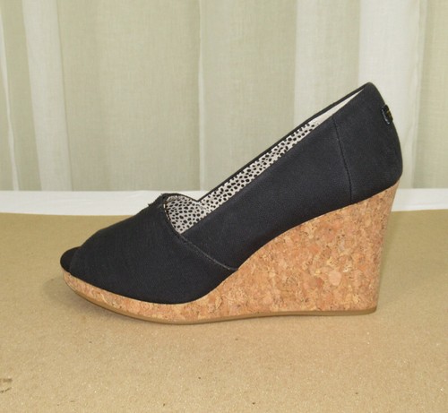 NUEVO TOMS Mujeres Michelle Negro Algodón Punta de Peep-Pee Plataforma Tacón Bomba de Cuña EE. UU. 10/42 - Imagen 8 de 12