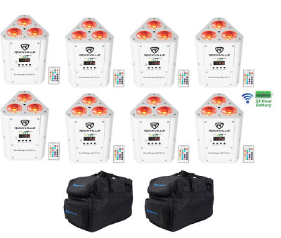 (8) Rockville RockWedge LED White RGBWA+UV Rechargeable Wireless DMX Lights+Bag