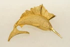 Vintage Costume Jewelry Brushed Gold Tone Marlin Swordfish Metal Brooch Fish Pin