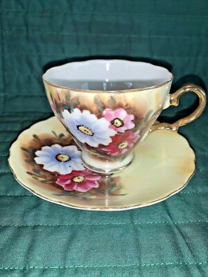 Rose Floral Gold Teacup And Saucer Enesco E1432 Spring Easter Decor Hand Painted