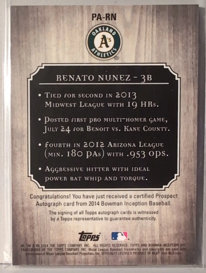2014 Bowman Inception Prospect Autographs Oakland Athletics Renato Nunez - Image 2 of 2