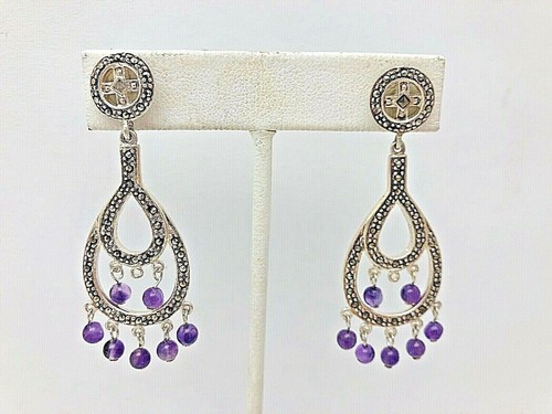 Sterling Silver .925 ~ 3/4" x 2 1/4" ~ Marcacite Amethyst Drop Earrings