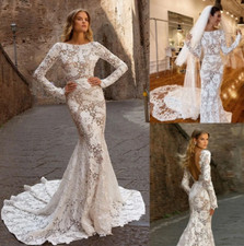 Bohemain Lace Mermaid Backless Wedding Dresses Bateau Neck Long Sleeves Bridal