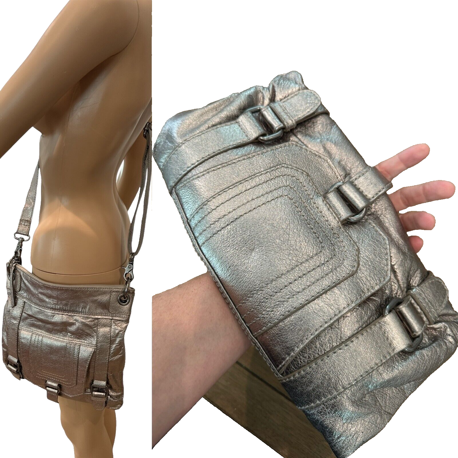 The Sak Metallic Pewter Genuine Leather Crossbody/ Clutch Bag w Removable Strap