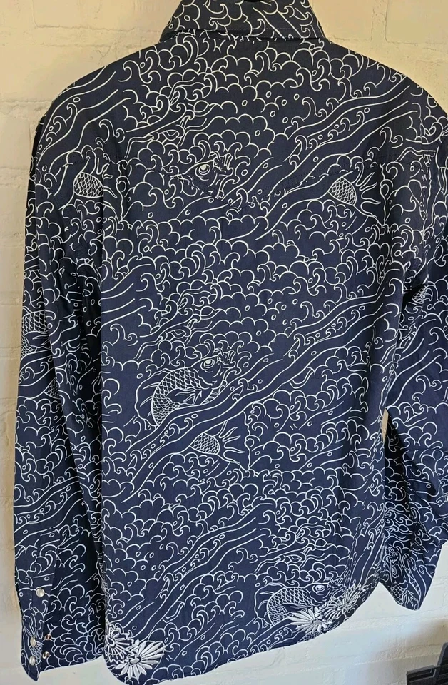 Camisa Mambo Ho Daddy Manga Larga Perla A Presión Para Hombre Talla XL Koi Bordada Usada en Excelente Condición Foto 4 de 4