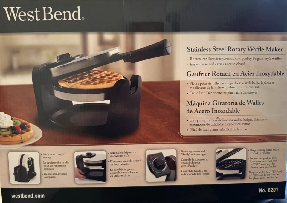 GOFRERA BELGA GIRATORIA DE ACERO INOXIDABLE WEST BEND - MODELO 6201 - NUEVA EN CAJA Foto 2 de 3
