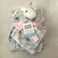 New HB Hudson Baby Gray Pink Unicorn Fleece Blanket Lovey 2 Pc Set 30x36 NWT