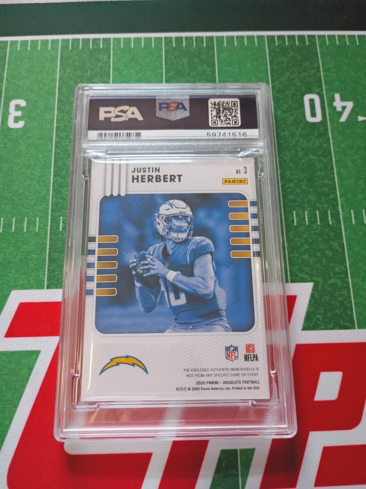 2020 Panini Absolute Football Justin Herbert RC  Rookie Materials Card #3 PSA 10 view 2