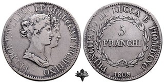 LUCCA E PIOMBINO 5 francs 1808 RARE Elisa Bonaparte and Felice Kisses SILVER