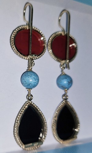 Tagliamonte 18ct YGP SS, Red Glass Cameo Turquoise Bead & Onyx Drop Earrings New - Picture 21 of 21