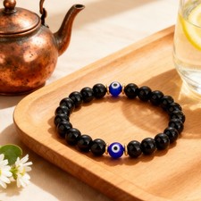 Evil Eye Black Tourmaline Crystal Stretch Bracelet Protection Jewelry Gift