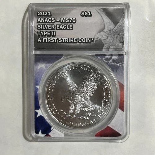 2021 $1 AMERICAN SILVER EAGLE ANACS MS70 TYPE 2 FIRST STRIKE FLAG LABEL .999