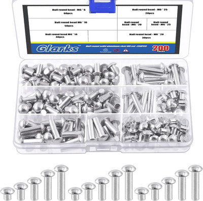 200Pcs M6x6/10/14/20/25mm Aluminum Brazier Head Solid Rivets Length 6mm 10mm 14m